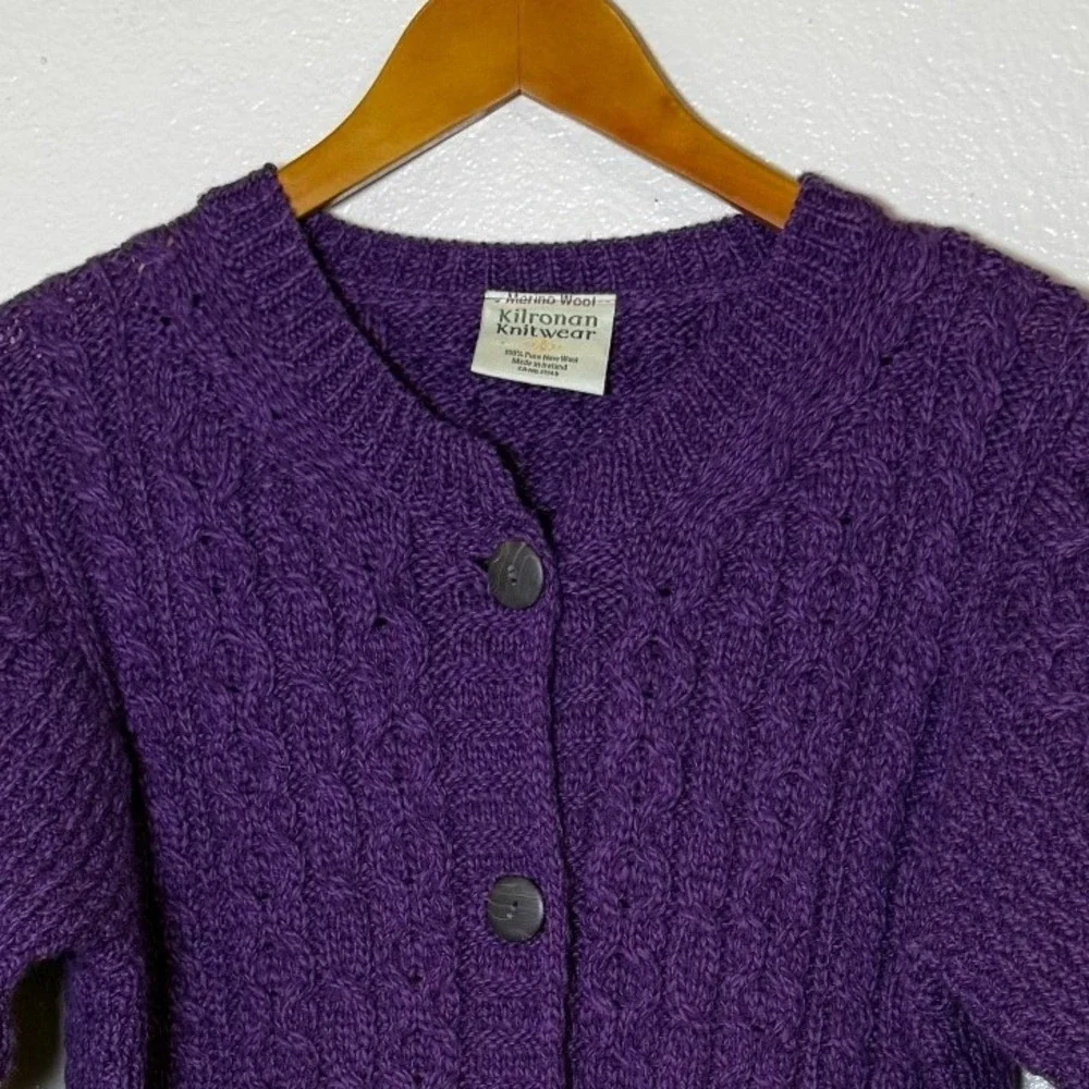 Kilronan Knitwear Women Cardigan‎ S Purple Merino Wool Irish Aran Cable Knit - Picture 3 of 10